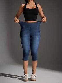 Flexra Quần legging thể thao denim dệt kim dáng lửng - Màu xanh lam - Xem 3