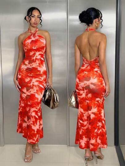 Allurite Tie-Dye Print V-Neck Backless Twist Knot Design Bodycon Fishtail Maxi Dress, Suitable For Daily Commute, Beach Vacation, Private Party, Night Date, Music Festival In Summer - Random Floral Print