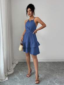Elenzga Women's Spring/Summer Elegant Khaki Beaded Bow-Tie Sleeveless Fitted Flared Mini Dress Women Dress Best Selling Dresses Dress For Women Casual New Arrival Dress For Women - Blue - View 6