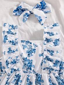 SHEIN Vintaside Kids White And Blue Floral Summer Boho Cute Vacation Holiday Baby Girl Halter Dress Ruffles A-Line Butterfly Breathable Outfits Clothes - Blue - View 7