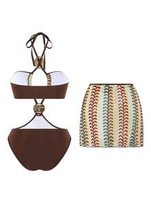Swim Oasis Set da bagno da donna a 2 pezzi con motivo ad onda arcobaleno, collo alto e laccio anteriore, con gonna abbinata come accessorio di moda, adatto per spiaggia, festa e vacanze - Multicolore - Visualizzare 2
