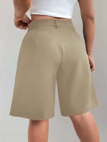 Ceyna Pantalones cortos de mujer de talla grande de unicolor, versátiles y elegantes de estilo casual - Caqui - Ver 2