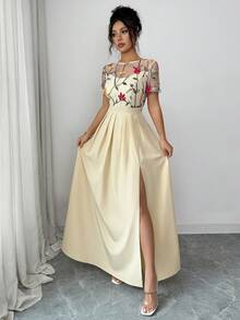 Selianne Đầm hè thanh lịch dành cho nữ với họa tiết thêu hoa hồng, chất liệu vải lưới, dáng chữ A, cổ tròn, tay ngắn, thích hợp cho các dịp thường ngày, đi biển, dự tiệc, mặc hàng ngày. - Màu be - Xem 5