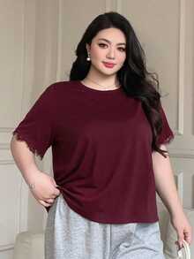 Dazy Plus Kaos Hitam Ukuran Besar Model Longgar Leher Bulat dengan Lengan Berhiaskan Renda untuk Musim Panas - Burgundy - View 4