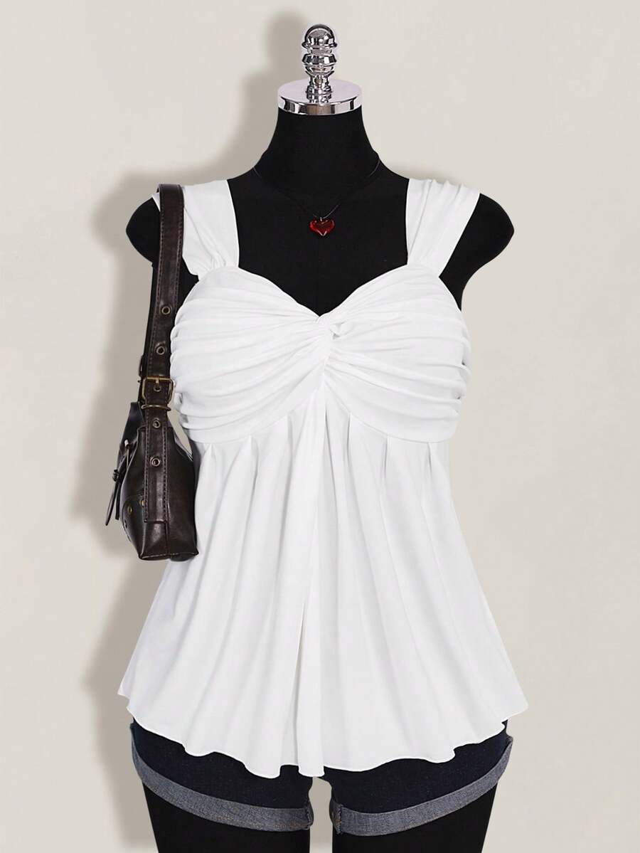 SHEIN ICON 大码女式黑色扭结前襟无袖娃娃衫针织上衣,Y2K风格返校夏季可爱上衣 - 白色 - 查看 1