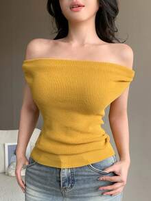 Joudiya 女士休闲吊带针织背心，优雅吊带设计，适合春季、夏季、情人节、婚礼、海滩、街头穿着 - 黃色 - 查看 9