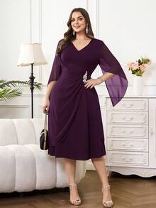 Reflora Vestido de mujer talla grande de unicolor y cuello en V elegante - Morado - Ver 11