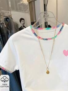 Resyla Camiseta casual de mujer con cuello redondo y manga corta con bordado floral - Blanco - Ver 5