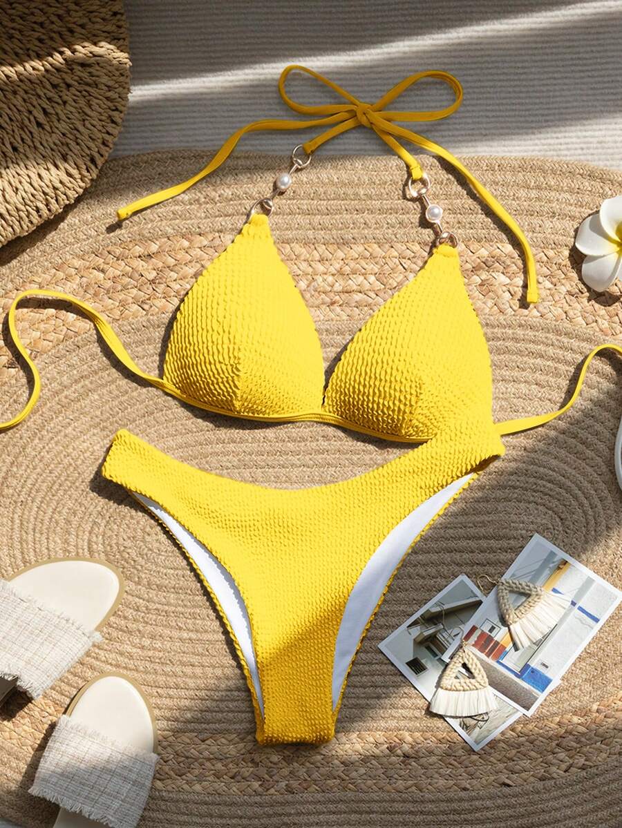Bellisia Women's Summer Beach Solid Color Halter Tie Sexy Bikini Swimwear Set - Yellow - View 1