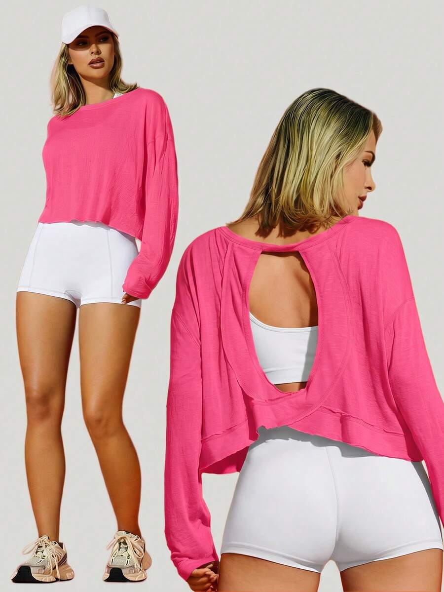 VARSIVA Women's Casual Solid Color Drop Shoulder Long Sleeve Backless T-Shirt - Hot Pink - View 1