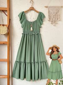 Rusticease Plus Size Women's Summer Sage Green Curve Long Dress,Casual Holiday Boho Flowy Ruffle Sleeve Solid Party Vacation Outfits,Country Concert Beach Wear - Green - View 7