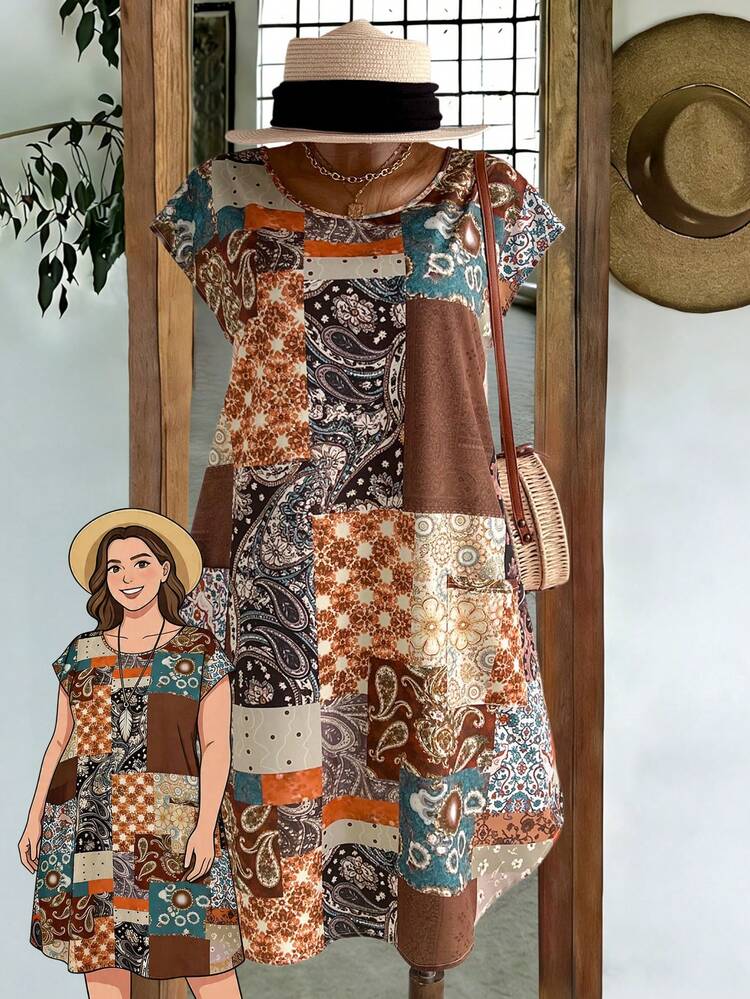 Plus Size Women Casual Vacation Cashew Print Round Neck Short Sleeve Dress Summer Dress Summer Outfits For Women Spring Clothing Spring Outfit Beach Outfits For Women Vacation Outfits Women Summer Holiday Outfits Country Style For Women Festival Outfits For Women Casual Dresses For Women Country Dress Plus Size Dress Patchwork Print Dress Boho Short Sleeve Dress