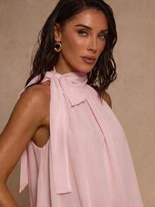 SHEIN Glamour Áo kiểu nữ cổ phồng màu trơn, thiết kế thắt nút. - Hồng - Xem 3