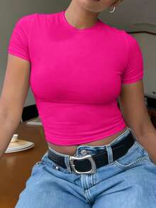 INAWLY Solva Women's Casual Solid Color Cropped T-Shirt, Summer - Hot Pink - View 4