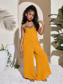 SHEIN Tween Girls' V-Neck Strap Patchwork Wide Leg Flare Jumpsuit, Vacation Wear Spring/Summer - Yellow - View 6
