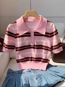 Comfortcana 女款粉色與白色條紋 Polo 領短袖休閒針織上衣，夏季可愛返校風優雅度假 Y2K 上衣 - 彩色 - 查看 4