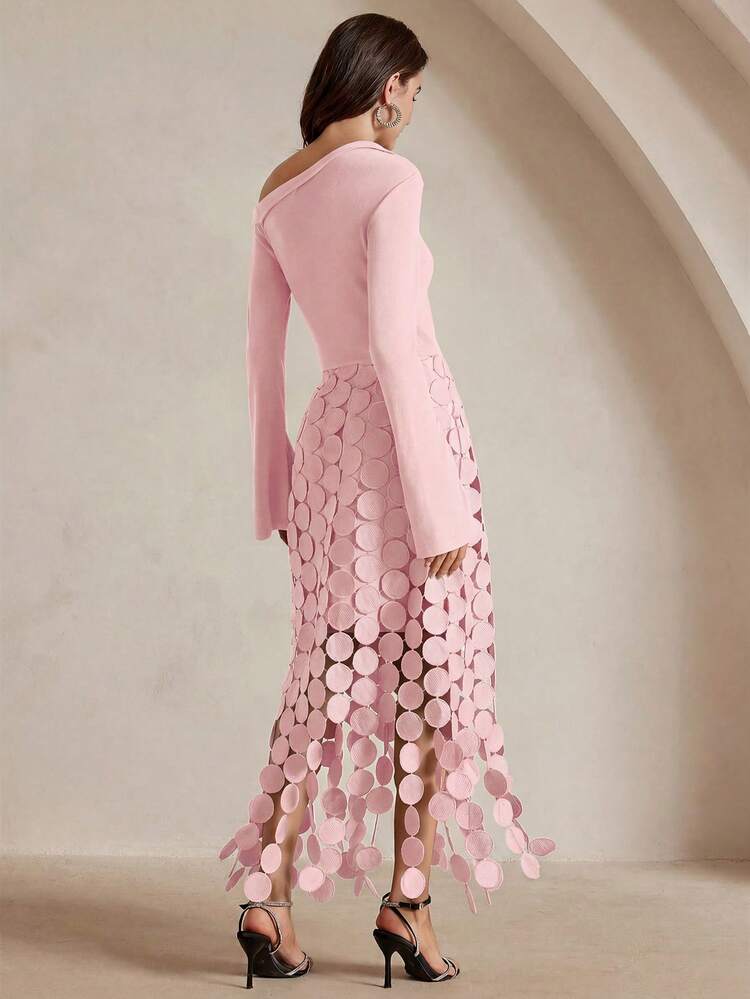Sexy Fitted High Waist Slit Shoulder Long Sleeve Draping Hollow Out Tassel Dress, European And American Style
