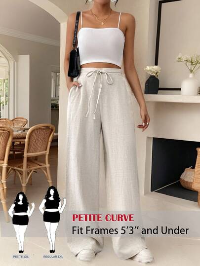 SHEIN PETITE CURVE 女士抽绳口袋直筒阔腿舒适休闲优雅亚麻条纹裤，适合教师、优雅办公穿着、复古风格，秋冬季款