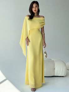 Aloruh Elegant Yellow Summmer Tropical Cocktail Maxi Dress,Off-Shoulder Boat Neck Flowy Mermaid Hem Design Birthday Party Gown Suitable For Wedding Guests - Yellow - View 3