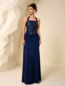 Coutiva High-End Evening Gown, Luxury Sequin Patchwork Elegant Party Dress - Royal Blue - View 5