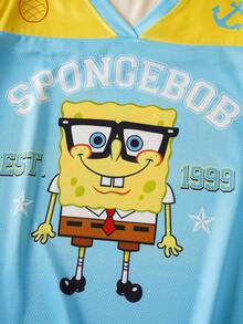 SpongeBob SquarePants | SHEIN 大码女式可爱V领短袖T恤 - 藍色 - 查看 4
