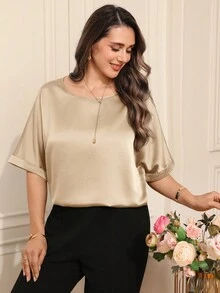 EMERY ROSE Top de punto de cuello redondo de unicolor para mujer de talla grande, elegante para primavera/verano, verano para mujer, vacaciones formal - Caqui - Ver 4
