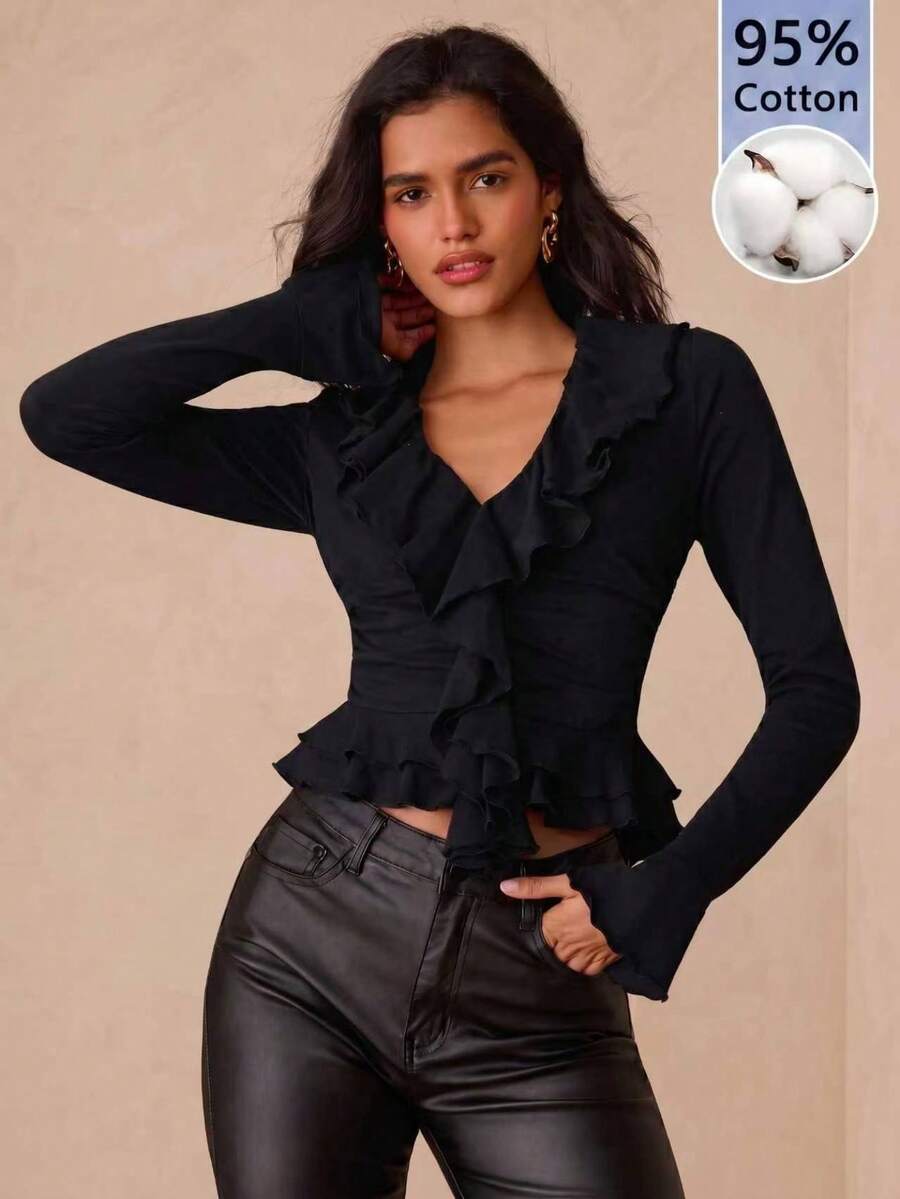 Glamine Áo kiểu nữ màu đen bằng cotton hữu cơ, thanh lịch với viền bèo nhún, cổ tay bèo nhún và đường viền cổ xếp ly, kiểu áo thun duyên dáng. - màu đen - Xem 1