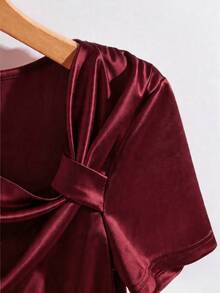 Franclia Women's Asymmetrical Neck T-Shirt, Women's Knitted Rib Elastic Fitted T-Shirt - Burgundy - View 5