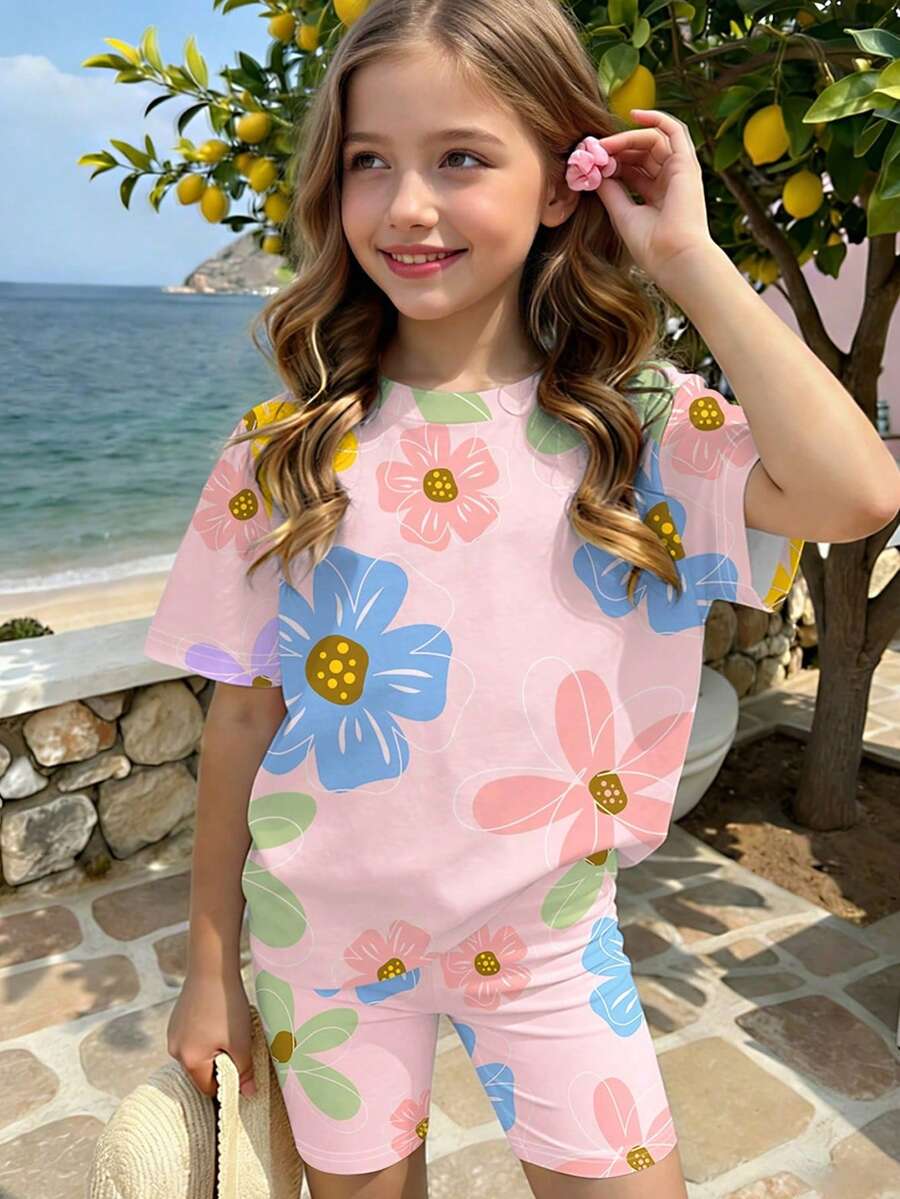 1 Set Girls Casual Sweet Floral Print Short Sleeve T-Shirt And Shorts Set, Fresh Flower Pattern Outfit Suitable For Outing, Vacation, Beach, Summer - Multicolor - View 1