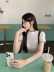 DAZY 女士休闲波点长袖韩版T恤，夏季 - 白色 - 查看 5