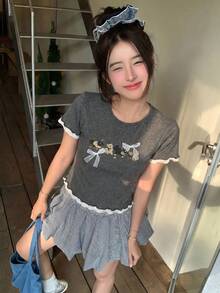 DAZY Women's Cartoon Print Bow Ruffle Trim Round Neck Short Sleeve T-Shirt, Summer Graphic Tee - Grey - View 5