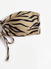 SHEIN Swim 女士夏季沙滩斑马纹性感抹胸比基尼套装，随机印花 - 卡其色 - 查看 5