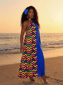 VaVaBold Women's Color Block Halter Neck Casual Vacation Dress, Suitable For Summer - Multicolor - View 11