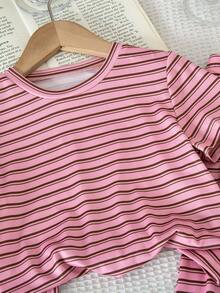 SHEIN 少女極簡條紋短袖T恤與長褲套裝 - 粉色 - 查看 7
