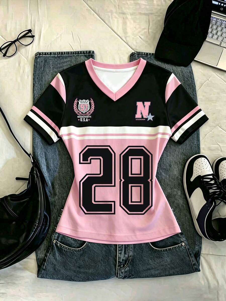 SHEIN 女士数字印花V领修身休闲日常短袖T恤 - 彩色 - 查看 1