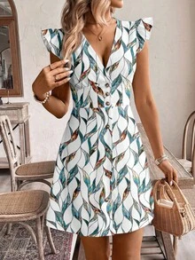 SHEIN Frenchy Đầm chữ A cổ chữ V tay ngắn cài cúc, họa tiết hoa vintage, thích hợp cho kỳ nghỉ biển, lễ hội âm nhạc, tiệc cưới, phong cách thanh lịch. - Nhiều màu - Xem 6