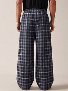 SWAVVY 男士格子印花抽绳腰带休闲刺绣裤 - 黑與白 - 查看 3