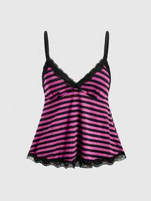 ROMWE Fairycore Spring/Summer Plus Size Casual Striped Lace Trim Camisole - Hot Pink - View 1