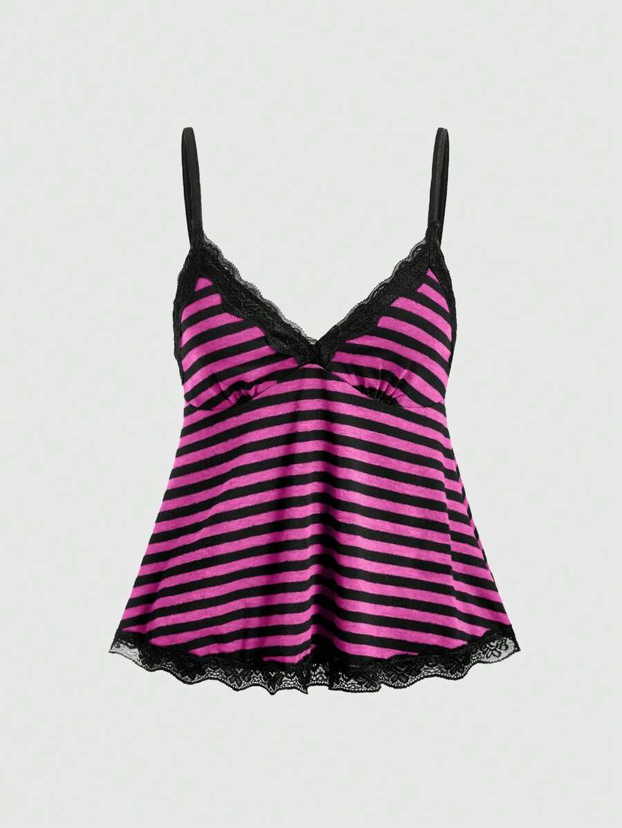 ROMWE Fairycore Spring/Summer Plus Size Casual Striped Lace Trim Camisole - Hot Pink - View 1