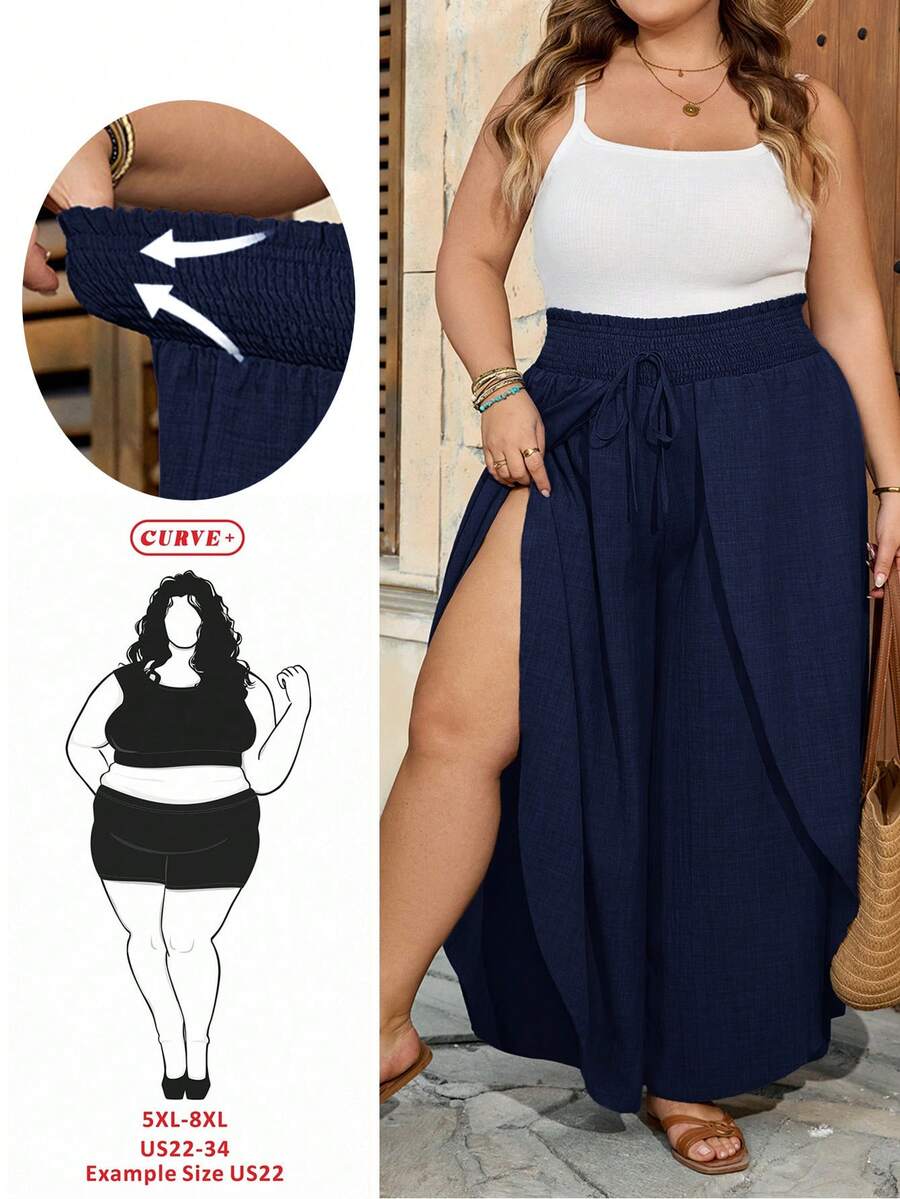 SHEIN CURVE+ Curve 尺码 US22 音乐节、海滨度假、波西米亚纯色时尚休闲宽松喇叭裤，适合夏季穿着