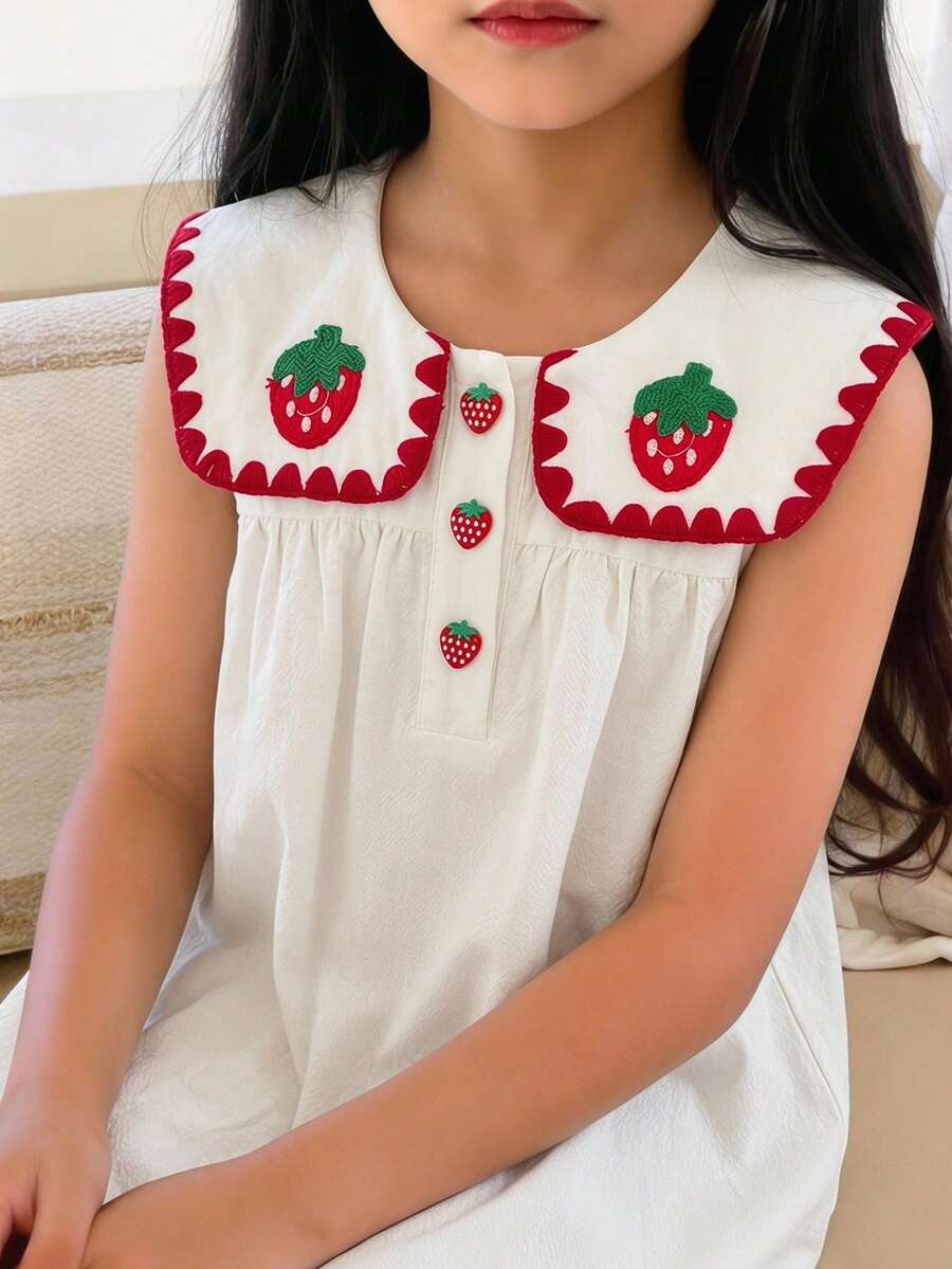 SHEIN 少女夏季休闲草莓刺绣无袖连衣裙 - 杏色 - 查看 1