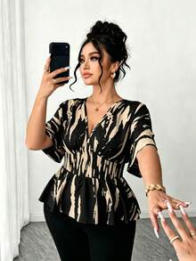 SHEIN Elenzya 大码女式V领插肩袖休闲衬衫，适合外出、聚会和通勤。 - 黑色 - 查看 5