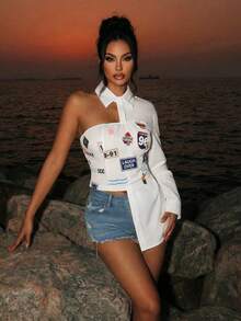 Swim SXY 女士斜肩长袖修身不对称下摆衬衫 - 白色 - 查看 7