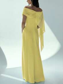 Aloruh Elegant Yellow Summmer Tropical Cocktail Maxi Dress,Off-Shoulder Boat Neck Flowy Mermaid Hem Design Birthday Party Gown Suitable For Wedding Guests - Yellow - View 2