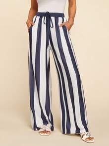 Women's Casual Romantic Elegant Minimalist Striped Straight Leg Pants, Suitable For Spring/Summer Beach Vacation - Blue and White - View 5