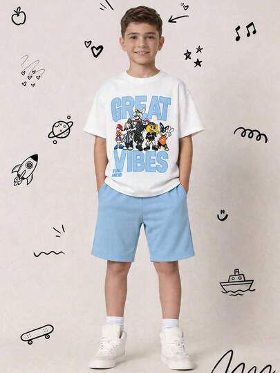 SHEIN Bộ 2 món cho bé trai tuổi teen, áo thun trắng tay ngắn cổ tròn dáng rộng in hình động vật hoạt hình và quần short xanh dương, kiểu dáng Y2K, SS26, thích hợp cho mùa xuân/hè, đi chơi, ngày Valentine, hẹn hò, du lịch, nghỉ lễ, họp mặt gia đình, tựu trường, đám cưới, tiệc tùng, thể thao, sinh nhật.