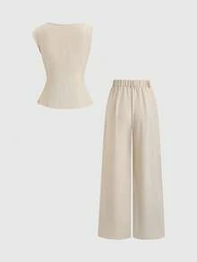 Sweetra Women's New Fashion Versatile Sleeveless Metal Buckle Waist Top + Women's New Fashion Versatile Drape Straight Leg Pants Commuting 2 Pieces Set - Green - View 2