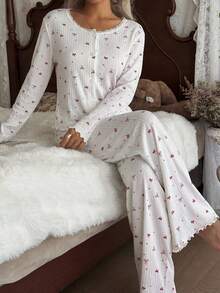 CottageSlumber Pink Bow Print Lace Trim Decor Round Neck Cardigan & Long Pants Pajama Set - White - View 3