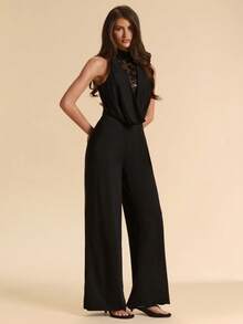 SHEIN BAE 黑色深V领串珠拼接紧身连体裤，适合日常约会、夜店、派对、鸡尾酒会、泳池派对、返校、学期、假期、音乐节、乡村音乐节、演唱会等场合。 - 黑色 - 查看 4
