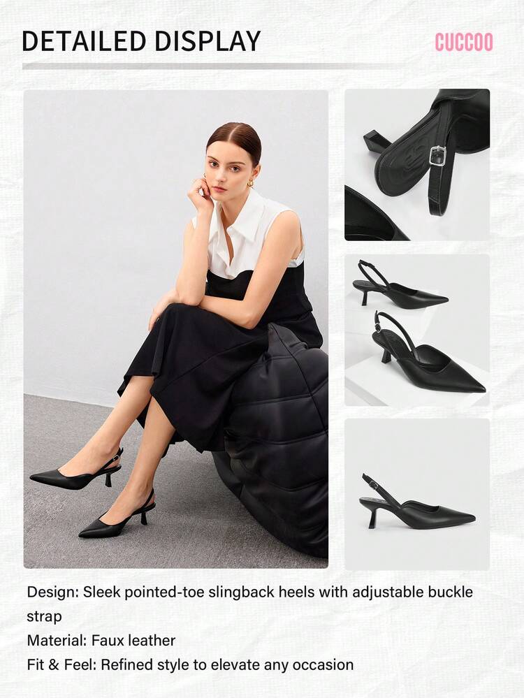 CUCCOO BIZCHIC Woman Shoes Point Toe Kitten Heeled Elegant Black Slingback Pumps For Summer Graduation Heels Prom Heels Vacation Shoes Summer Elegant Basics Business Casual Business Chic Spring Shoes Spring Break Easter For Christmas Spring Shoes